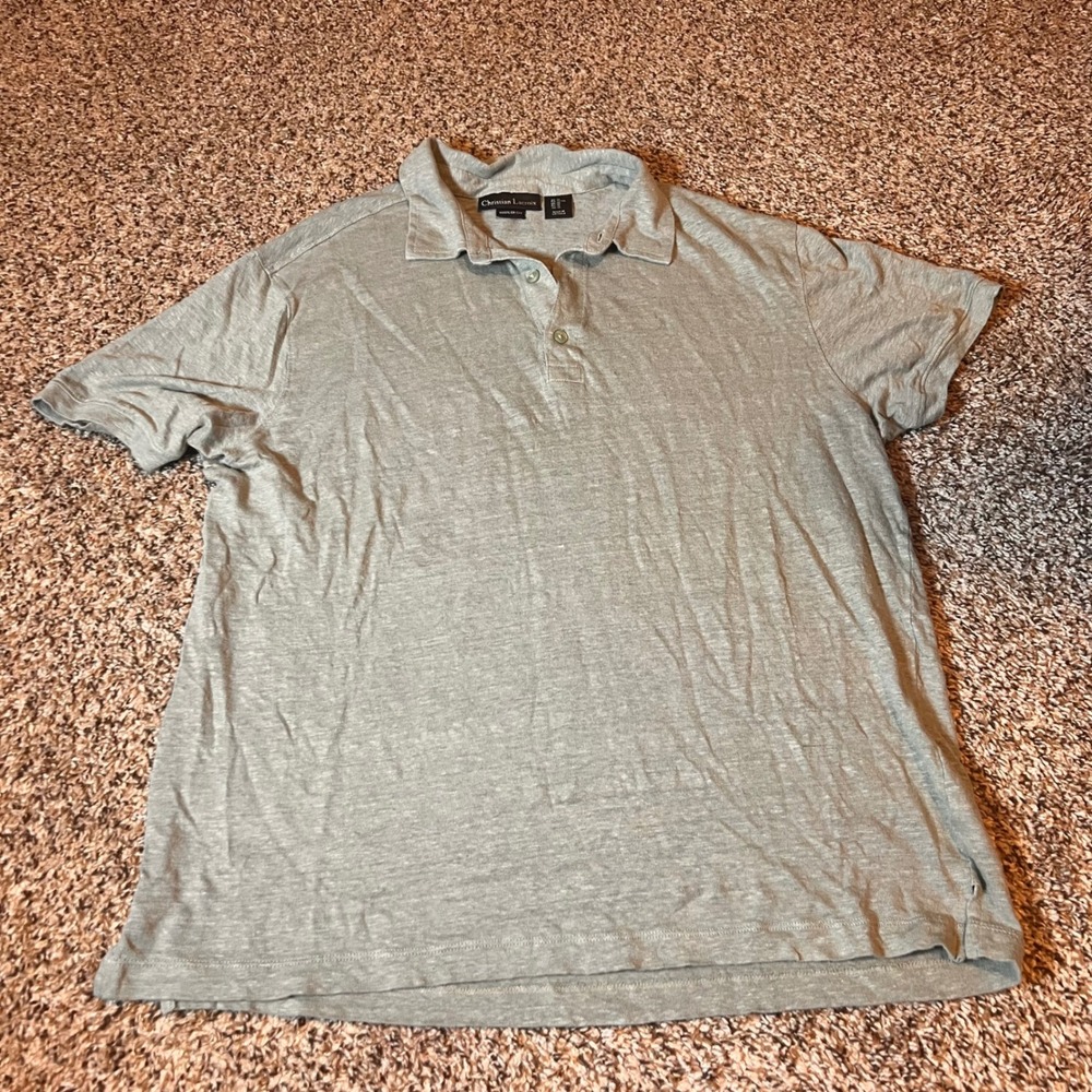 Christian Lacroix Mens XL Green Linen Short Sleeve Casual Polo‎ Shirt